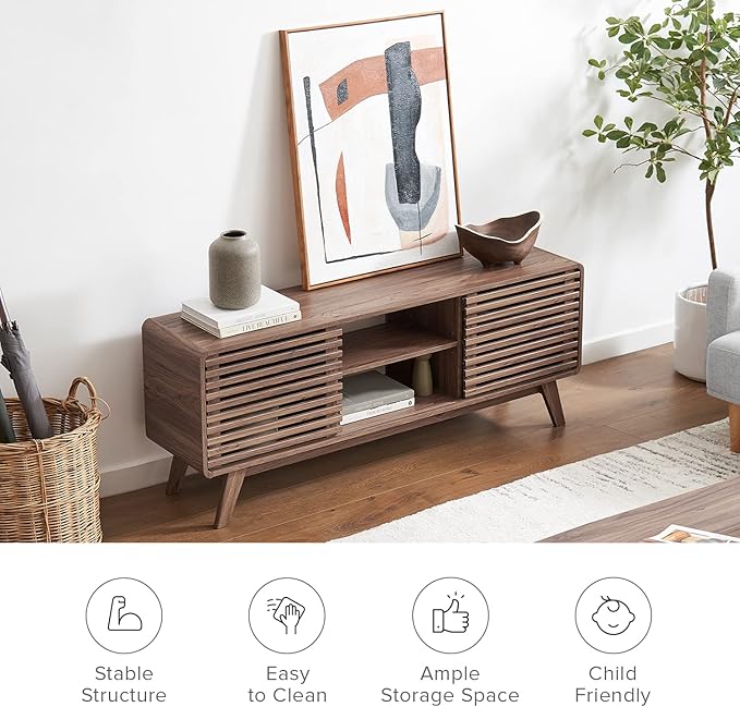 mopio Ensley TV Stand, Mid Century Modern for 55/60/65 inch TV, Farmhouse TV Stand, Entertainment Center with Storage, TV and Media Consol for Living Room (Walnut, 59" Tall)-Ruum Studio Home