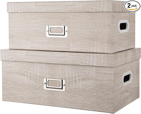 Briful Set of 2 Rustic Wood Grain Storage Boxes with Lids – Stackable Rectangular Organizer Bins, 14'' + 13'' Set Decorative Storage Containers for Bedroom, Living Room, Gifts-Ruum Studio Home