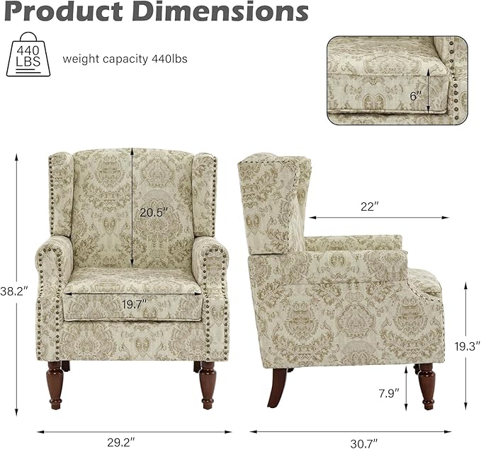 UIXE High Back Floral Accent Chair, Upholstered Armchair in Fabric for Living Room, Retro Wingback Arm Chair Comfy Single Sofa Bedroom Reading Seat with Solid Wood Legs, White-Ruum Studio Home