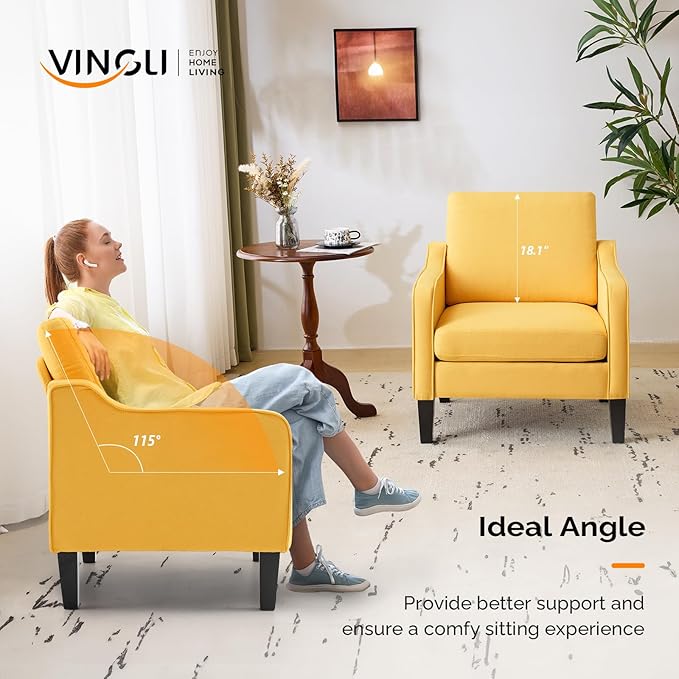 VINGLI Accent Chair for Living Room Chairs Yellow Reading Chair for Bedroom Scooped Arm Chair Mid Century Modern Accent Chairs Upholstered Comfy Chair for Apartment, Waiting Room-Ruum Studio Home