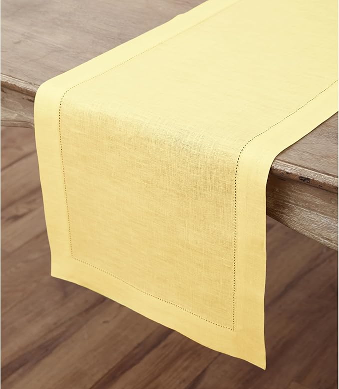 Solino Home Linen Yellow Table Runner 60 Inches - Classic Hemstitch, 100% Pure Linen Coffee Table Runner 14 x 60 Inch Ideal for Dresser Tables-Ruum Studio Home