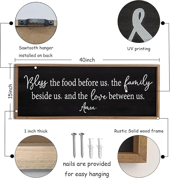 Bless the Food Before Us Sign Wall Decor 40"X15" Large Farmhouse Dining Room Wall Decor Framed Wood Rustic Home Wall Art Kitchen Decoration (Wood Black)-Ruum Studio Home