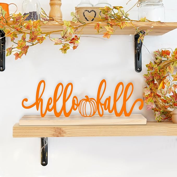 COCHIE Metal Hello Fall Sign, Orange Fall Decorations for Home, Office, Shelf, Mantel, Indoor, Autumn Decoration, Pumpkin Decor (Autumn B)-Ruum Studio Home