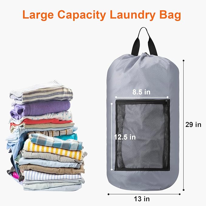 Laundry Bag Backpack Durable Laundry Bag with Shoulder Straps and Mesh Pockets Portable Laundry Dirty Clothes Hamper Bag for College Dorm (Gray)-Ruum Studio Home