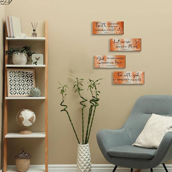 FENCORDAR 4 Pieces Orange Bathroom Decor Bible Verses Decor Wooden Orange Wall Decor Abstract Office Christian Wall Decor Religious Art for Women Office Home Bedroom Living Room Decor(10x4)-Ruum Studio Home