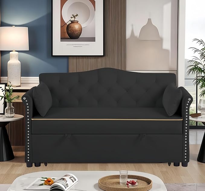 57-Inch Velvet Full Size Sleeper Sofa Couch with Pullout Bed,Convertible Pull Out with Golden Decorative Strip and Adjustable Backrest for Small Spaces,Apartment, Guest Room, RV (Black)-Ruum Studio Home