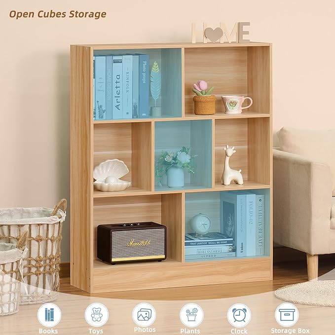 LEYAOYAO 7 Cube Bookshelf with Wood Base,Natural 3 Tier Mid-Century Modern Bookcase,Standing Wide Bookshelves Storage Organizer Shelf,Rustic Display Cabinet Book Shelves for Bedroom,Living Room-Ruum Studio Home