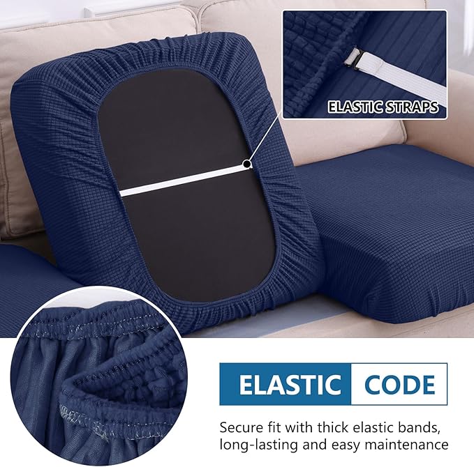 hyha Waterproof Couch Cushion Covers for Pets, Non Slip Sofa Seat Cover for Dogs Washable, Soft Thick Stretch Jacquard Fabric, Sofa Slipcovers with Elastic Bottom (2 Pieces, Navy)-Ruum Studio Home