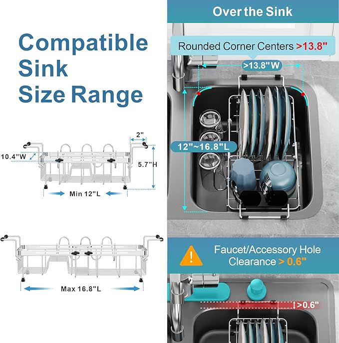 GSlife Expandable in Sink Small Dish Drying Rack - Stainless Steel Capacity Adjustable Over The Sink Dish Rack with Cup Holder (12" -16.8"), Dish Drainer for Kitchen Sink with Utensil Holder, Silver-Ruum Studio Home