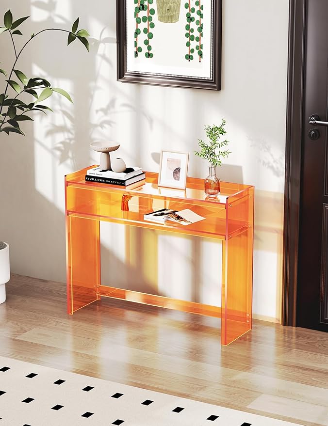 Acrylic Console Table, Entryway Table with Storage Shelves (1, 39.4 * 31.5 * 11.7 inches) (Orange)-Ruum Studio Home
