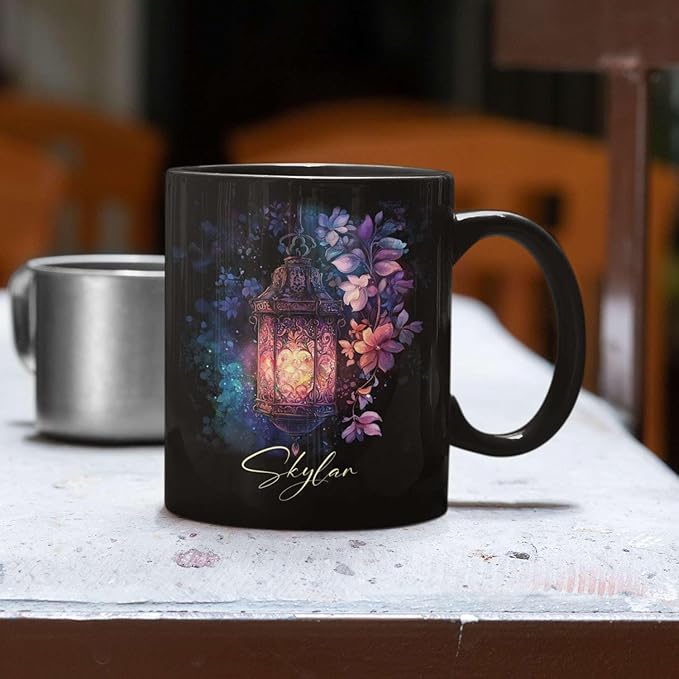 Custom Vintage Lantern With Flowers Coffee Mug, Personalized Name Ceramic Cup 11oz Or 15oz, Glowing Light And Flowers Mug, Customized Enchanted Nature Black Cup, Gift For Friends-Ruum Studio Home