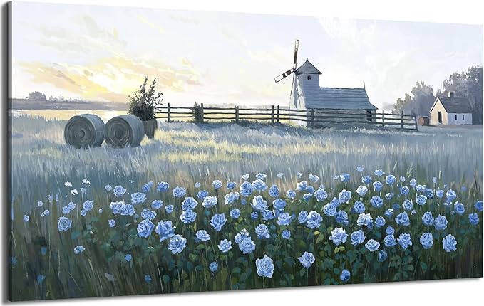 amatop Oversized Farmhouse Wall Art – Botanical Picture Flower Blue Rose & Windmill Countryside Scene Canvas Print, Large Floral Landscape Artwork Decor for Living Room Dining Room Hallway 58x29 Inch-Ruum Studio Home