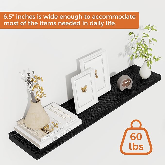 Fun Memories 32Inch Floating Shelves for Wall 2 Pack Wood Shelves for Kitchen, Bathroom, Bedroom Wall Mounted Rustic Wood Floating Shelf with Invisible Brackets for Books, Storage, Decor, Black-Ruum Studio Home