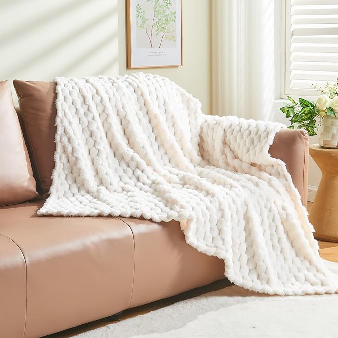 NEWCOSPLAY Super Soft Twin Blanket Ivory Premium Silky Flannel Fleece 3D Clouds Stylish Jacquard Lightweight Bed Blanket All Season Use 350GSM (Ivory, Twin(60"x80"))-Ruum Studio Home