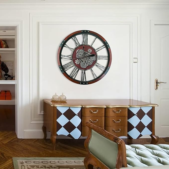 30Inchs Moving Gears Wall Clock, Oversized Wall Clocks, Clock Living Room Decor, Solid Wood Frame, Battery Operated, Large Wall Clock with Steampunk Industrial for Fireplace(Black Walnut)-Ruum Studio Home