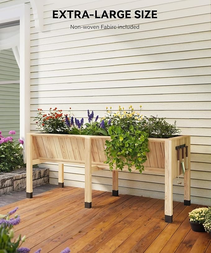 72x26x31 Inch Raised Garden Bed with Legs, 13.7In Depth Wooden Planter Box for Outdoor Growing Vegetables and Herbs, Elevated Garden Bed with Hooks for Backyard, Patio, Balcony-Ruum Studio Home