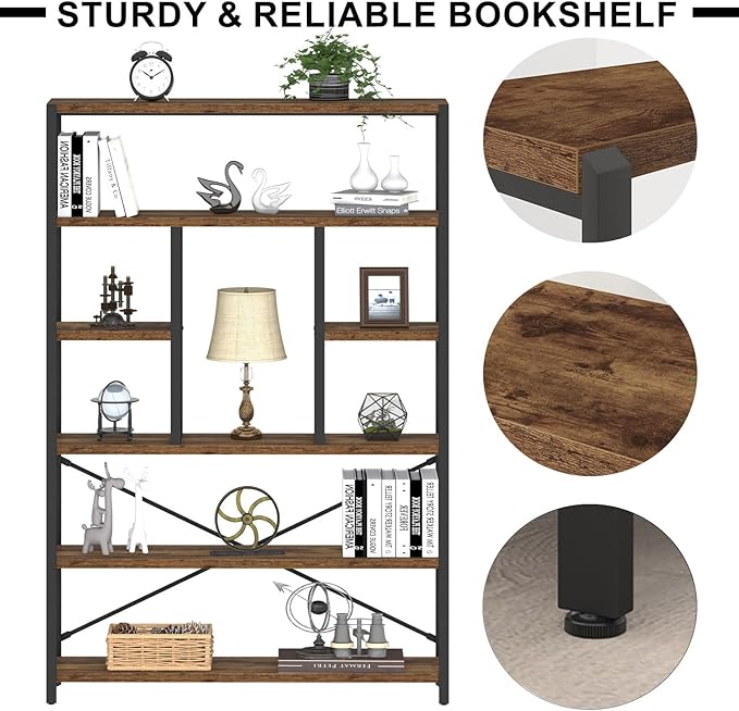 LVB Rustic Bookcases and Book Shelves, Metal Wood 6 Tier Bookshelf and Book Rack Storage, Industrial Vertical Display Etagere Book Case 6 Shelf, Vintage Large Book Shelf for Bedroom Living Room, Brown-Ruum Studio Home