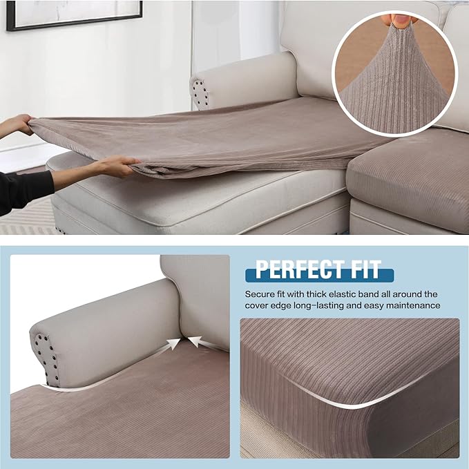 H.VERSAILTEX Velvet Stretch Sectional Sofa Covers - 3 Pieces, L-Shaped Chaise, Taupe Striped-Ruum Studio Home