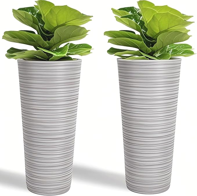 GreenShip 27" Tall Planters, Set of 2 – Black Outdoor Planter for Front Porch & Tall Plants, Weather-Resistant, with Drainage Hole & Rubber Plug (No Plants Included) (Light Gray)-Ruum Studio Home