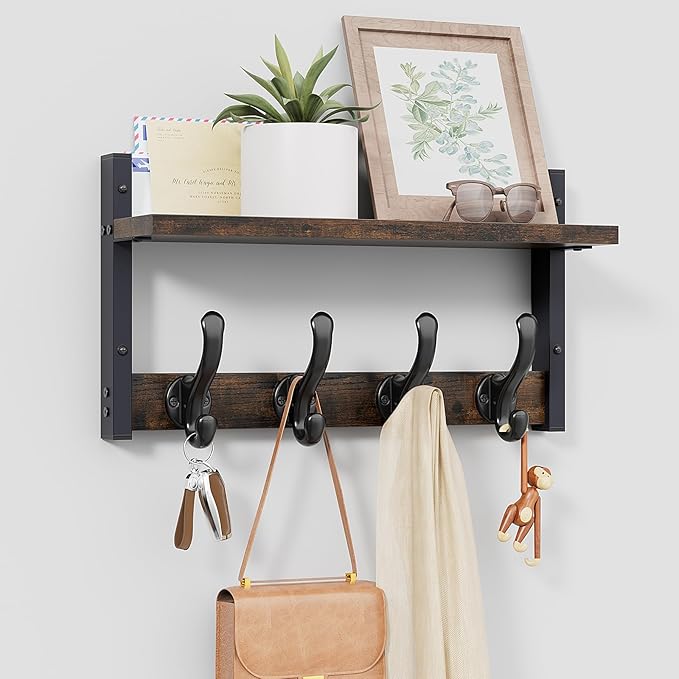 Tatub 16" Rustic Coat Rack Wall Mount with Shelf, Wall Hooks with Shelf, Heavy Duty Entryway Organizer Hangers for Hanging, Hat, Bag, Jacket for Bathroom, Living Room, Bedroom-Ruum Studio Home