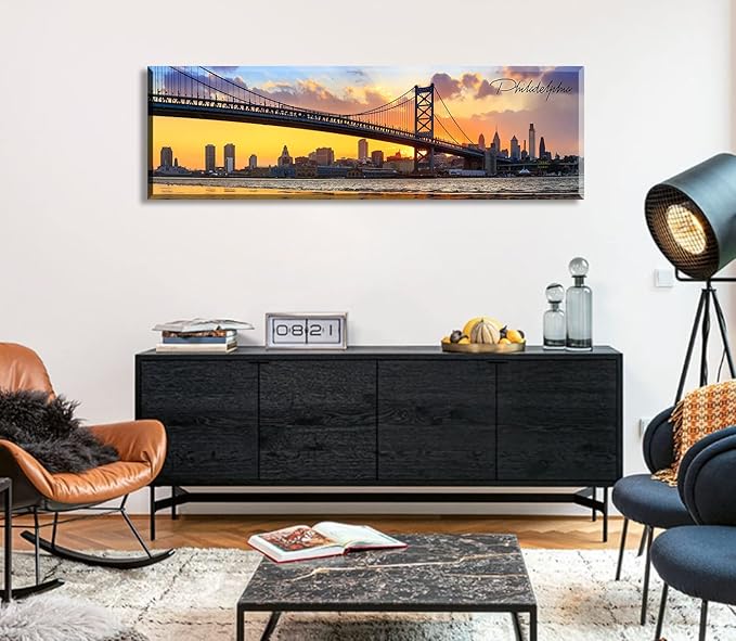 Philadelphia Skyline Wall Art Cityscape Living Room Decor Panorama Pictures City Building House Poster Canvas Print Bridge Sunset Scenery Office Bedroom Decorations Framed 13.8"x45.3"-Ruum Studio Home