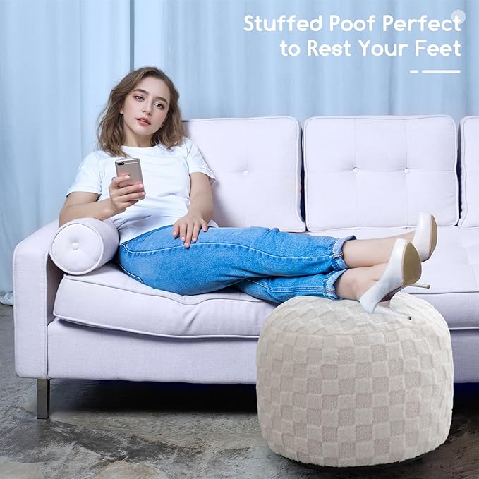 HIGOGOGO Round Stuffed Pouf Ottoman, Plaid Poufs with Foam Chunk Filling, Fluffy and Furry Pouf Foot Stool Storage Ottoman, 26 X 18 Floor Poufs Foot Rest for Living Room, Beige-Ruum Studio Home