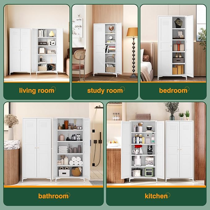 Letaya White Storage Cabinet with Feets-Metal Home Kitchen Pantry Cabinets with Doors and Adjustable Shelves,Organization Locker for Cupboard/Bedroom/Dining/Living/Bathroom/Office/Garage Room (White)-Ruum Studio Home