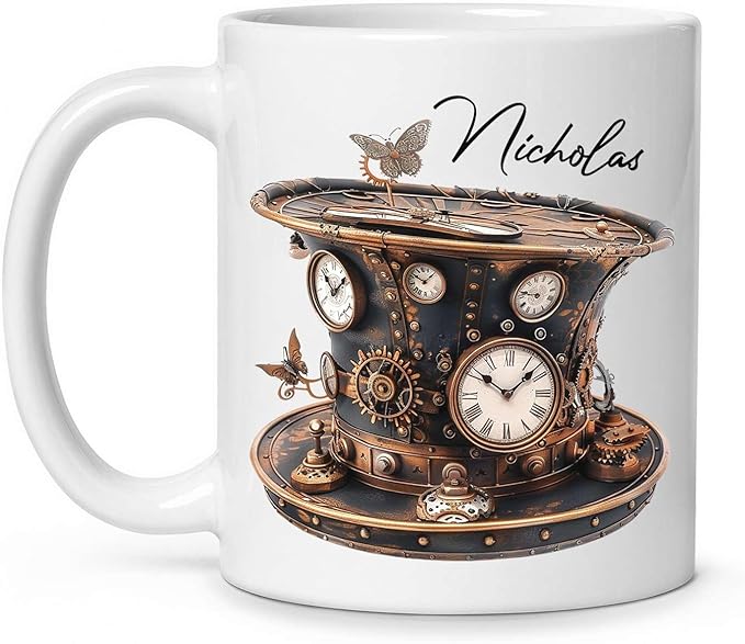 Personalized Coffee Mug Gift For Men, Customized Choose Name White Cup 11oz Or 15oz, Unique Steampunk Design Ceramic Cup, Custom Clock Themed Decorative Cup, Steampunk Decor Mug-Ruum Studio Home