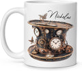 Personalized Coffee Mug Gift For Men, Customized Choose Name White Cup 11oz Or 15oz, Unique Steampunk Design Ceramic Cup, Custom Clock Themed Decorative Cup, Steampunk Decor Mug-Ruum Studio Home