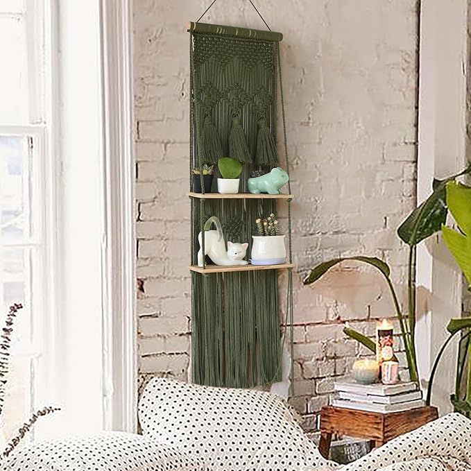 Hanging Shelf Macrame Wall Hanging Green Boho Shelfs with Tassels 2 Tier Floating for Plants Bedroom Dorm Living Room Wall Decor Rustic Wooden Organizer(Wood)-Ruum Studio Home