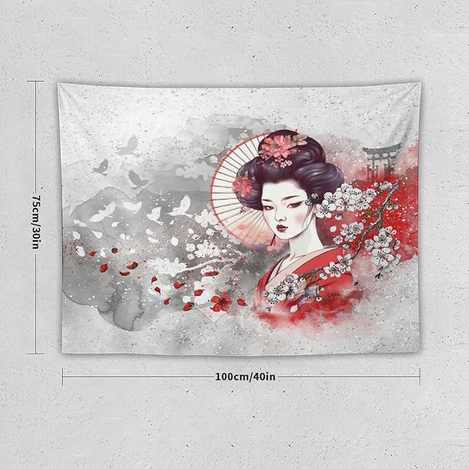 Japanese Geisha Tapestry Asian Red Cherry Blossom Traditional Kimono Folk Tapestries Home Decor for Living Room Bedroom Apartment Farmhouse Dorm 40"x30"-Ruum Studio Home