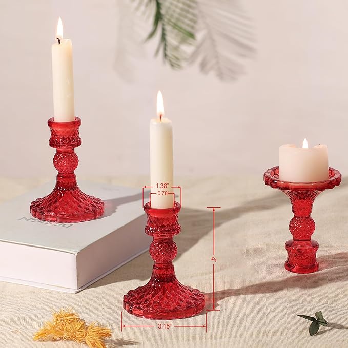12Pcs Red Candlestick Holders Set- 4" H Taper Candle Holders Bulk, Glass Candle Holders for Activities, Party, Romantic Dinner Table Centerpieces, Festival Gifts & Windowsill Decor-Ruum Studio Home