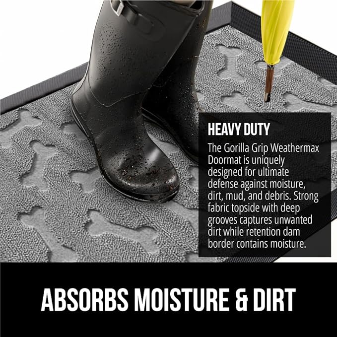 GORILLA GRIP 100% Waterproof All-Season WeatherMax Doormat, US Designed Natural Rubber, Stain and Fade Resistant, Low Profile Indoor Outdoor Door Mats, Easy Clean Patio Mat, 17x29, Light Gray Bones-Ruum Studio Home