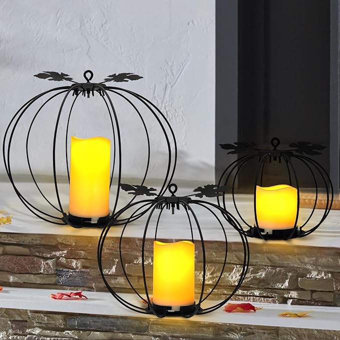 Halloween Metal Pumpkin Candle Holder, 3 Pcs Light up Black Pumpkin Lantern with LED Flickering Yellow Candle Lights Build in Timer for Thanksgiving Halloween Harvest Fall Home Decor-Ruum Studio Home