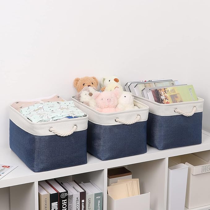 Bidtakay Storage Baskets Collapsible [3-Pack] Decorative Storage Bins with Cotton Rope Handles 15 X 11 X 9.5 Inch Organizing Baskets for Shelves Clothes Closet Navy Blue Baskets for Gifts Empty-Ruum Studio Home