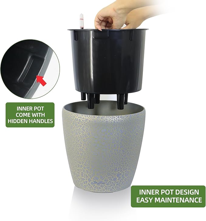 Dexceder 11x10 Inches Self Watering Planter Indoor Outdoor, Inner Pot Design, Thickened Table Flower Plant Pot with Water Level Indicator (Grey Gold Crackle)-Ruum Studio Home