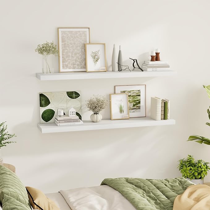 Fun Memories 55 Inch Floating Shelves for Wall 2 Pack Shelves for Bedroom|Kitchen|Bathroom 55 x 9.3 Inch Wood Floating Shelf with Invisible Brackets for Books|Storage|Decor, White-Ruum Studio Home