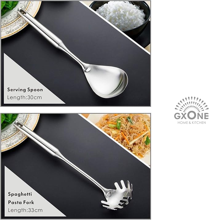 Kitchen Utensil Set – 6 Piece Stainless Steel Cooking Utensils with Rotating Holder Organizer Includes Slotted Spoon, Slotted Spatula, Large Spoon, Soup Ladle, Spatula, Pasta Server Silver/7PCS-Ruum Studio Home