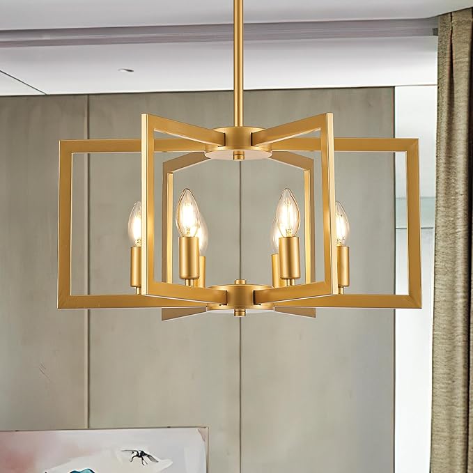 Modern Farmhouse Gold Chandeliers for Dining Room, 6-Light Industrial Metal Chandeliers Geometric Pendant Lights Kitchen Island for Entryway Stairway Foyer Hallway-Ruum Studio Home