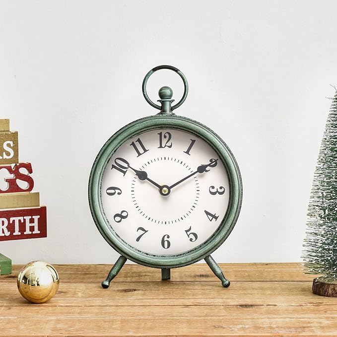 Vintage Rustic Green Table Clock on Stand, Decorative Desk and Shelf Clock，Decorative Battery Operated Table Top Clock for Living Room，Silent Non-Ticking-Ruum Studio Home