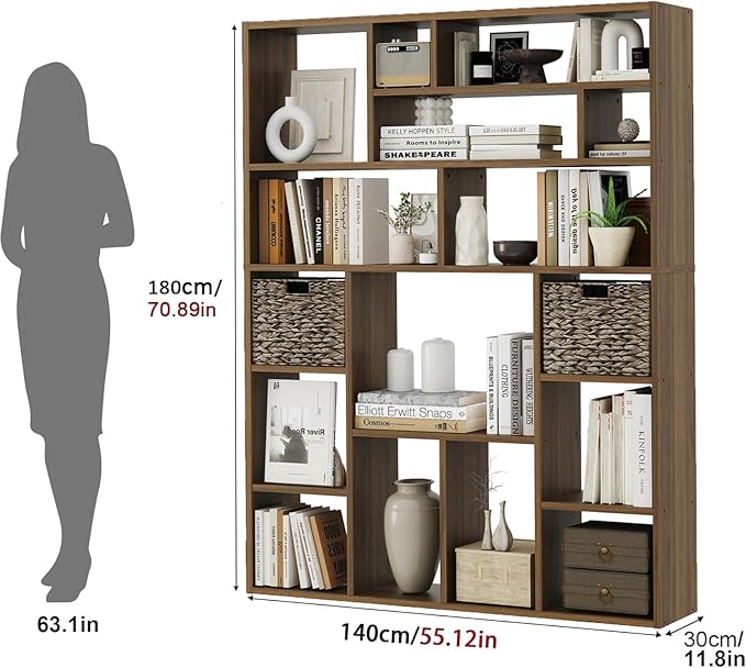 71” Tall Wooden Bookcase 6-Tier Large Bookshelves with 2 Woven Baskets, 55" Wide Floor Standing Wood Display Organizer Shelves for Living Room（Brown）-Ruum Studio Home