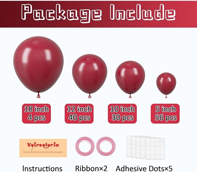 130pcs Burgundy Balloons Different Sizes 18" 12" 10" 5" Wine Red Balloons for Birthday Graduation Bride Baby Shower Wedding Decorations-Ruum Studio Home