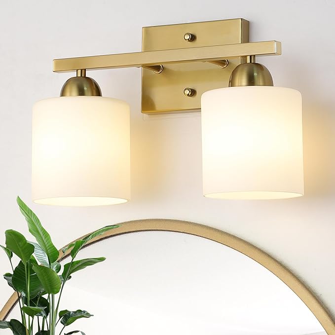 Stainless Steel Milk Glass Vanity Lights for Bathroom, 2 Light Gold Bathroom Light Fixtures Over Mirror, Ceramic E26 Sockets Wall Mounted-Ruum Studio Home