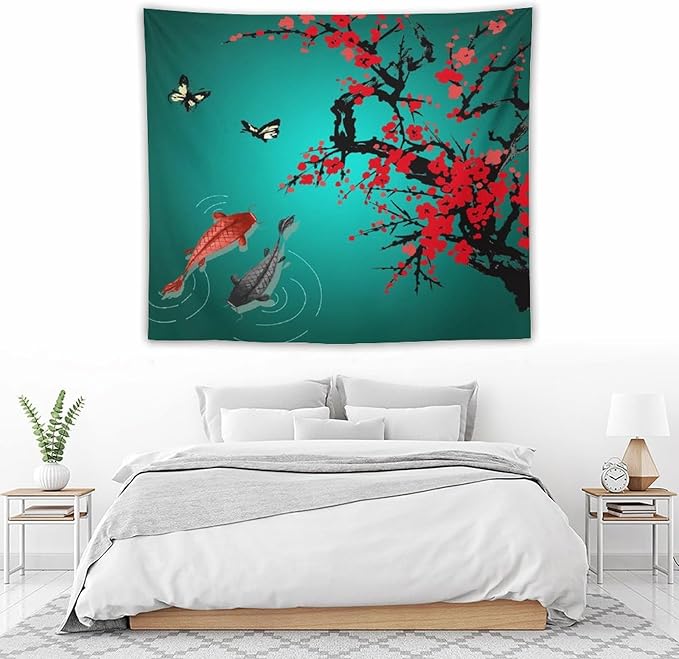 Houselerax Japanese Koi Fish Tapestry, Cherry Blossoms Asian Oriental Green Teal Floral Branch Koi Fish Carp Tapestries Wall Hanging for Bedroom Living Room Office Decor 60"x50"-Ruum Studio Home