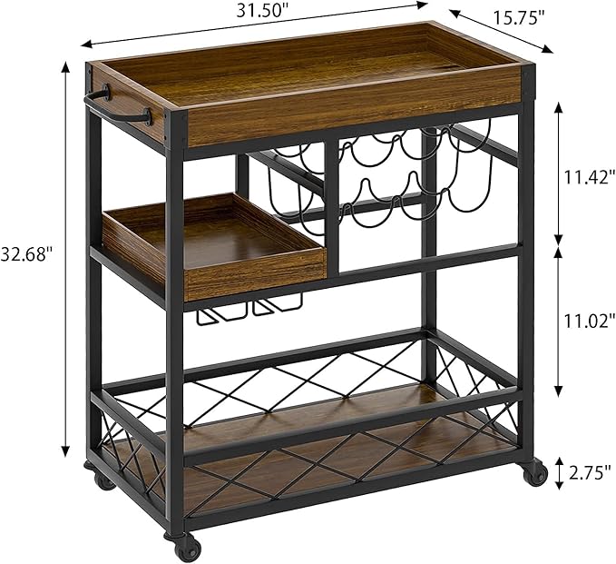 Bar Cart Industrial Kitchen Serving Carts for Home 3 Tier Storage Trolley with Wine Rack Glasses Holder Two Portable Trays Universal Casters with Brakes Rustic Rolling Cart Alcoholic Beverage-Ruum Studio Home