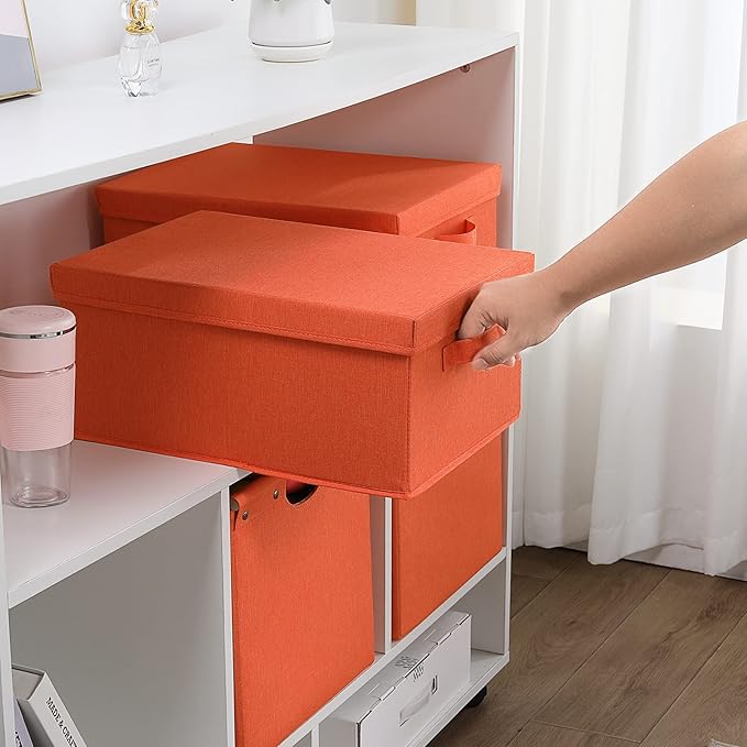 HOONEX Storage Bins with Lids for Organizing, Pack of 2, Storage Boxes with 2 Carrying Handles and Sturdy Heavy Cardboard, 16.5" L x 11.8" W x 7.5" H for Shoes, Books, Clothes, Nursery, Orange-Ruum Studio Home