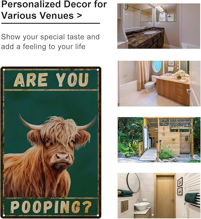 ALKB Funny Highland Cow Are You Pooping Metal Signs Vintage Farmhouse Bathroom Wall Decor Highland Cow Lovers Gift 8 x 12 Inch-Ruum Studio Home