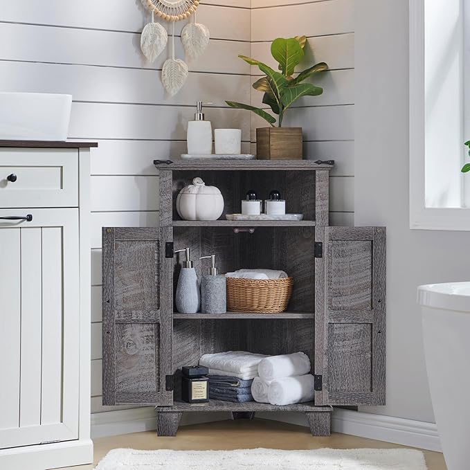 Corner Bathroom Cabinet, Farmhouse Small Corner Cabinet with Barn Door & Adjustable Shelf, Storage Cabinets for Bathroom, Kitchen, Living Room, Grey Wash-Ruum Studio Home