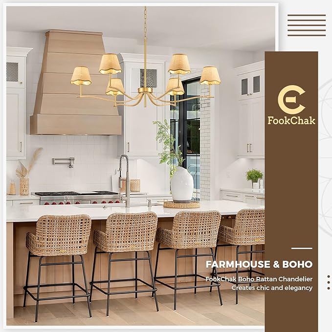 6 Light Boho Rattan Chandelier 44'' Brass Gold Chandelier Light Fixture Hand Woven Dining Room Chandeliers for Entryway Bedroom Living Room Bathroom-Ruum Studio Home