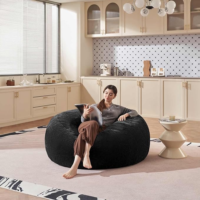 Bean Bag Chair 4Ft, Memory Foam Filled, Large Beanbag Chairs for Adults and Teens, Soft Sofa with Removable Flannel Cover, Round Couch for Living Room Bedroom College Dorm (Black, 4FT-47×47"×24")-Ruum Studio Home